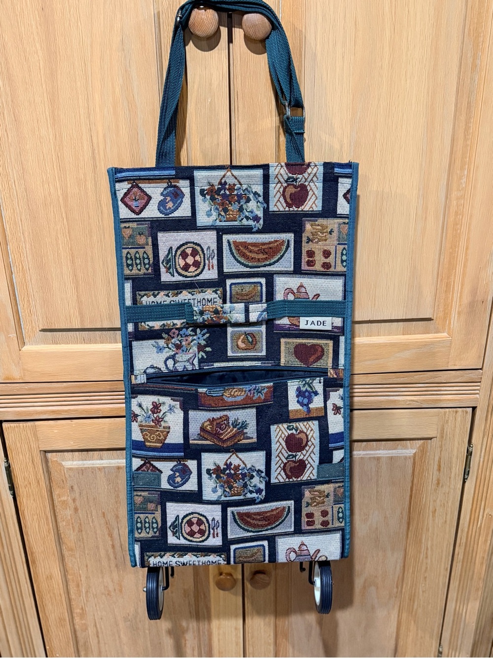 Vintage JADE Tapestry Rolling Shopping Bag "Home Sweet Home" Folding Collapsible